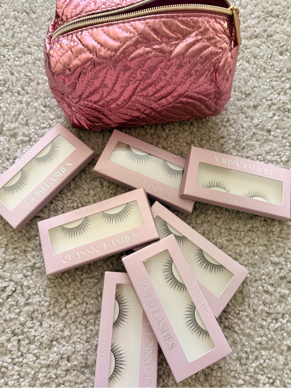 False Eyelash Set with Pink Metallic Makeup Bag